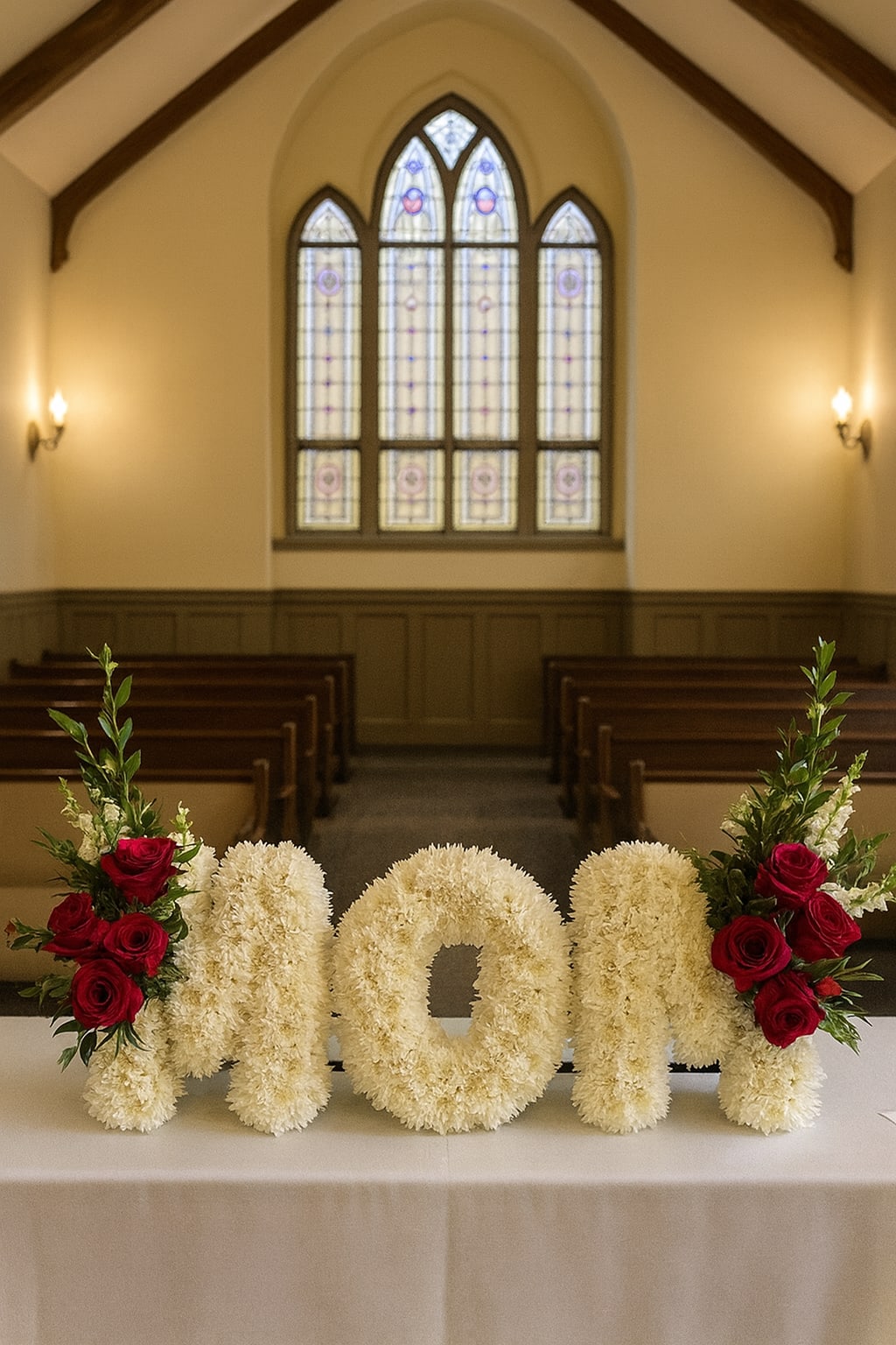 Floral arrangement spelling "mom" with red roses in a church setting
