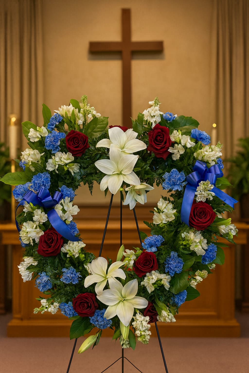 Heart-shaped floral wreath with red roses, white lilies, and blue accents on an easel
