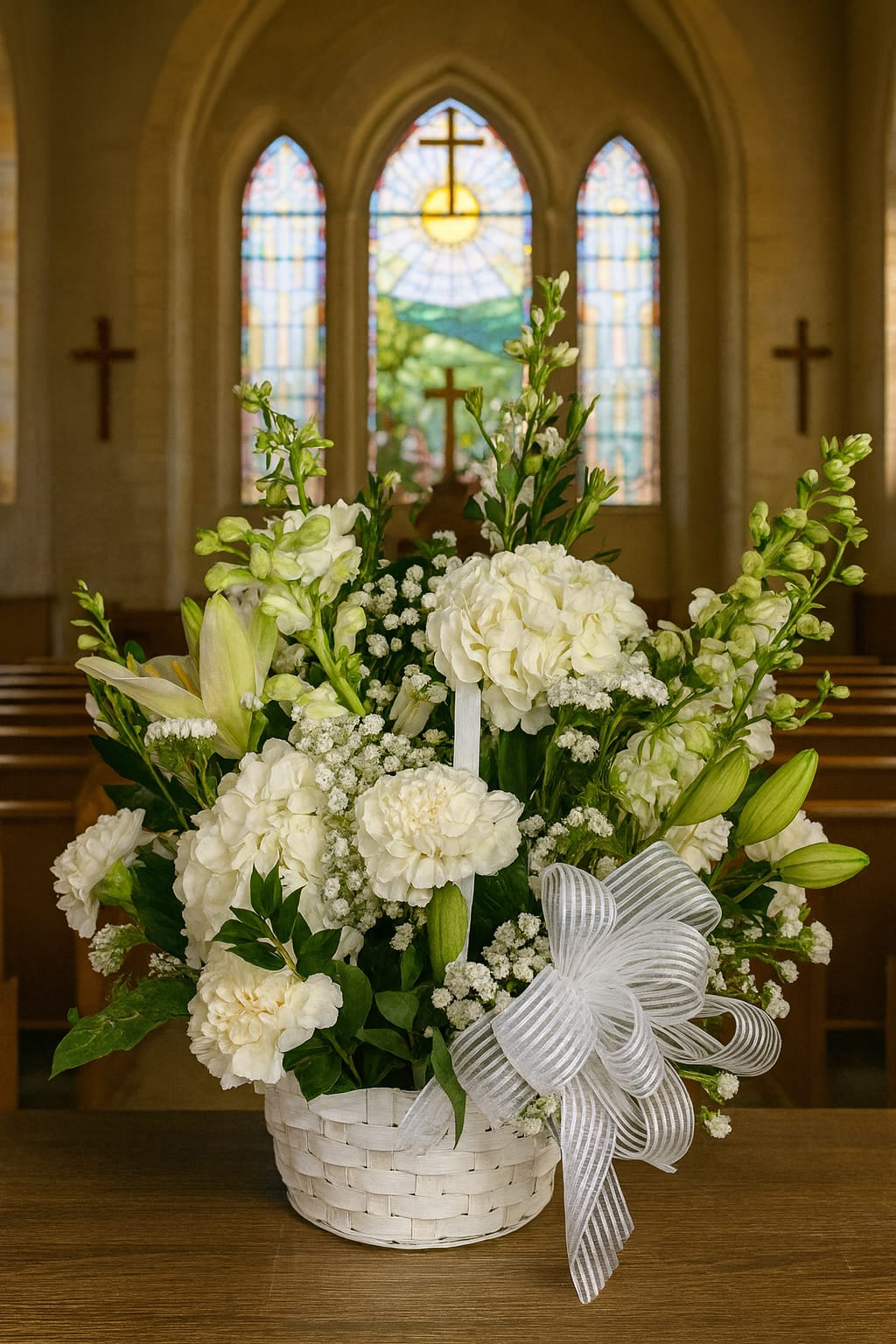 White floral arrangement in a white basket with a striped ribbon
