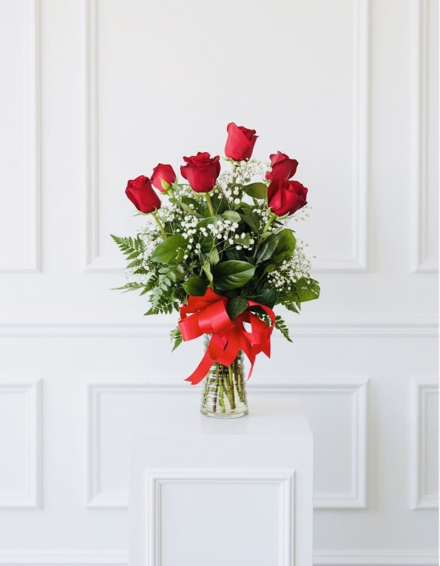 Red roses in a clear glass vase with a red ribbon