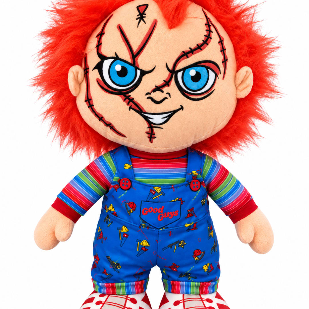 Plush doll with red hair and blue overalls on a white background