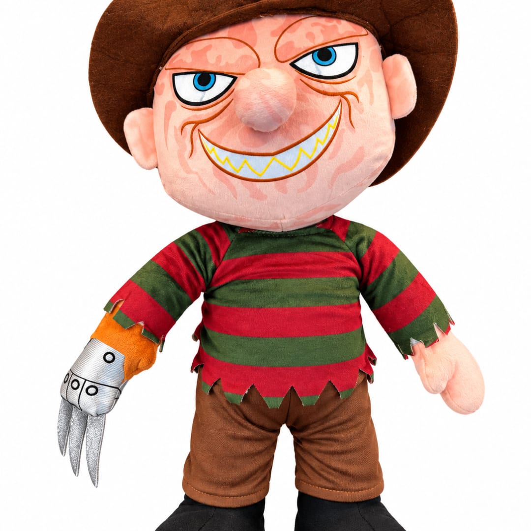 Plush Freddy Krueger doll with striped shirt and claw glove
