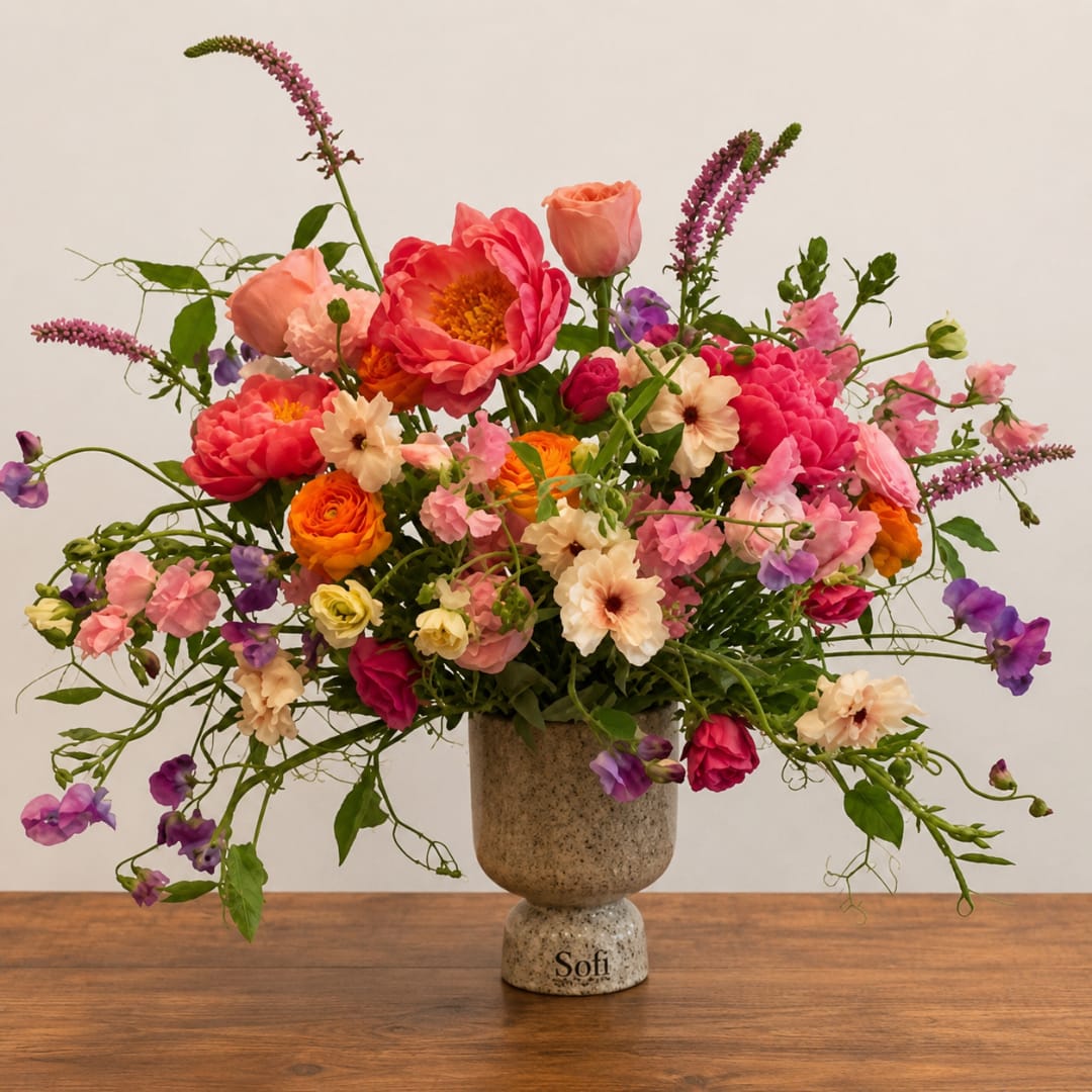 Colorful mixed flower arrangement in a speckled ceramic vase