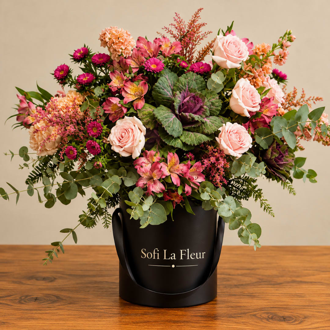Mixed pink and peach flowers in a black hatbox with trailing greenery