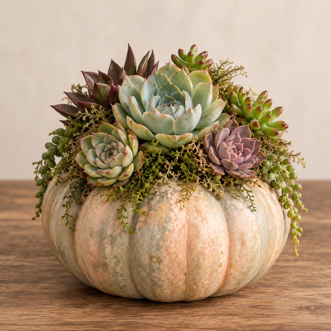 Succulent arrangement in a pumpkin-shaped container on a wooden table