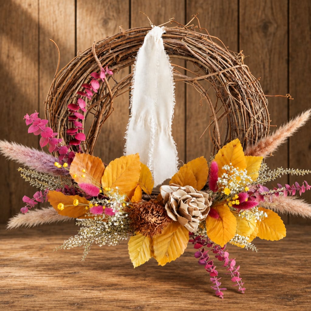 Autumn wreath with dried flowers and a white ribbon on a wooden background
