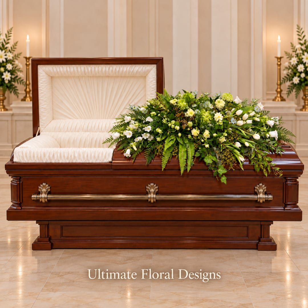 White and green casket spray on a polished wooden casket