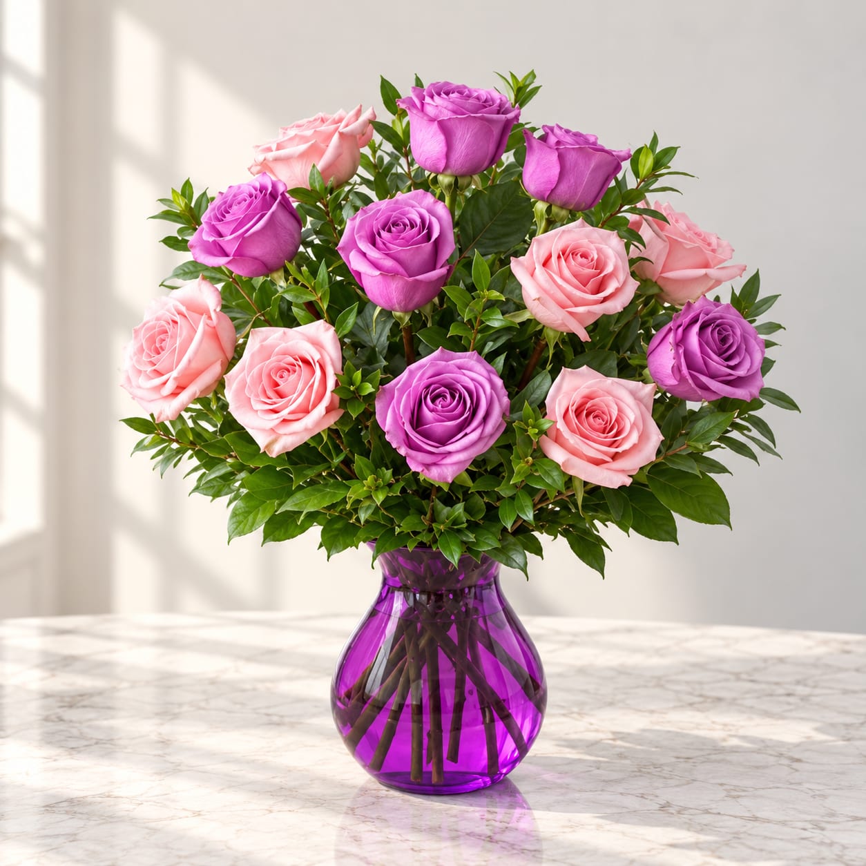 Pink and purple roses arranged in a purple glass vase