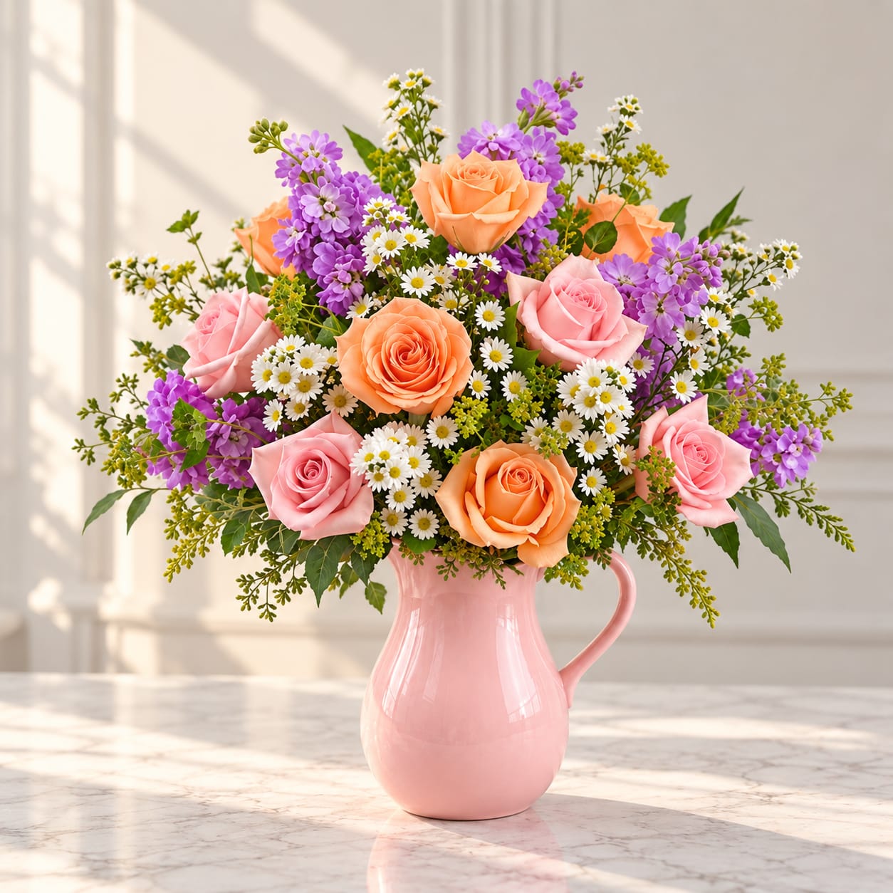 Pink and peach roses with purple flowers in a pink pitcher vase