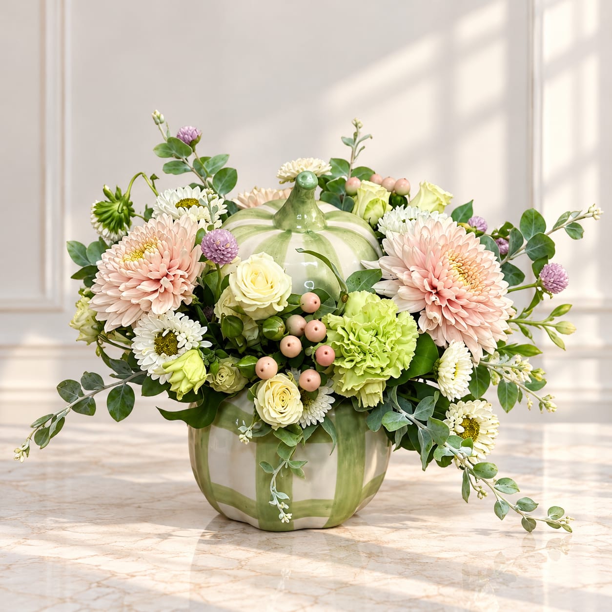 Pastel floral arrangement in a green pumpkin vase