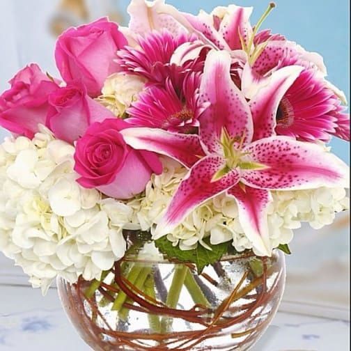 Pink roses and lilies arranged with white hydrangeas in a glass vase