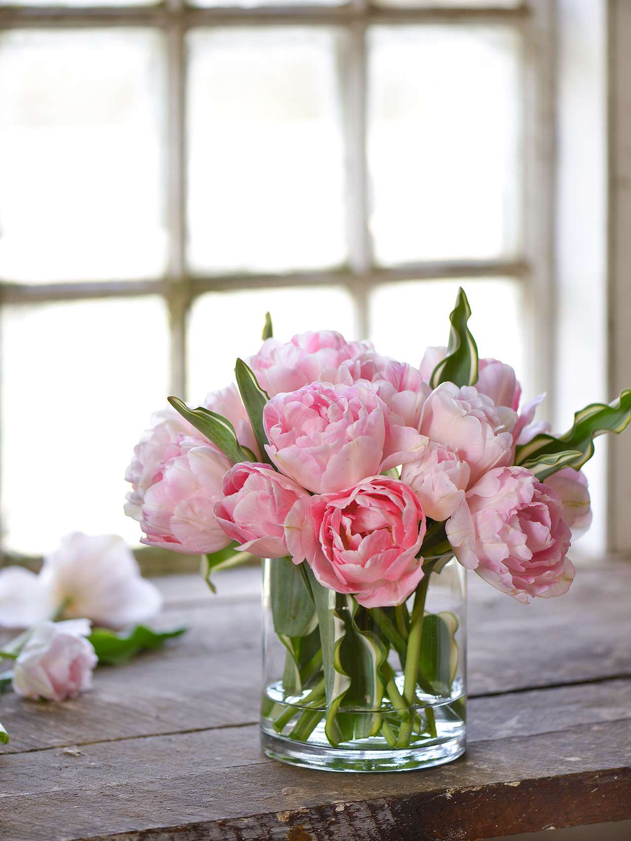 Pink peonies in a clear glass vase on a wooden table