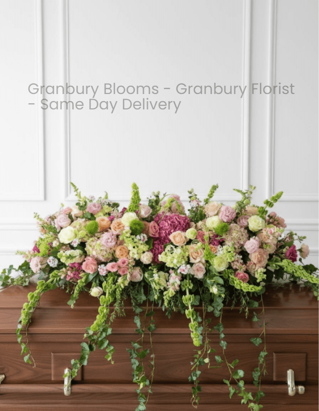 Living Legacy Luxury Casket Cover - Our Living Legacy Casket cover is a full, garden-style casket spray designed to honor a life beautifully lived. Featuring soft blush and ivory roses, lush hydrangea, delicate seasonal blooms, flowering greenery and bells of Ireland, this elegant casket cover creates a peaceful timeless tribute.  **option shown is the deluxe - we offer a smaller standard and a full coverage premium  Granbury Garden Casket spray, Luxury Casket, Garden-style casket, Sympathy flowers, Elegant casket spray delivered to Wiley Funeral Home | Martins Funeral Home | Churches