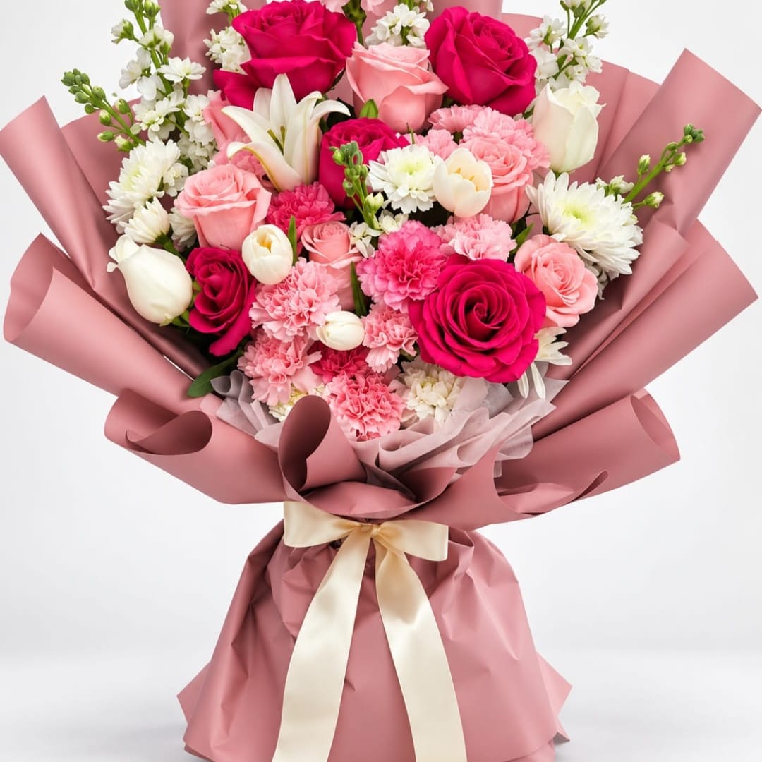 Hot Pink and Blush Rose Bouquet with Lilies and Carnations - Hot pink roses take center stage in this lush birthday bouquet, paired with soft blush roses for a romantic contrast that will make the person you're thinking of feel truly celebrated. Designed as an anniversary or Valentine's Day-worthy arrangement, this flower arrangement blends hot pink and blush tones with white accents to create an immediate joyful impression-the kind of gift that reads as thoughtful and festive the moment it's opened. Perfect for birthdays, Mother's Day, or any occasion where you want someone to feel seen and adored in Romeoville, IL.  This bouquet features roses, lilies, and carnations surrounded by white tulip-like blooms, small daisy-style chrysanthemums, and clusters of pale pink and white filler flowers for a dense, rounded silhouette. The blooms are tightly gathered for a full, layered look and finished in dusty pink wrapping paper with a cream satin ribbon for a polished, gift-ready presentation. Expect a rich mix of textures-the velvety rose petals, the trumpet shape of lilies, and the ruffled carnations-crafted to hold shape in hand and photograph beautifully.  Give this as a heartfelt anniversary surprise, a bright birthday pick-me-up, or a romantic Valentine's gesture; the color story reads feminine and celebratory while staying versatile enough for many moments. Bouquets arrive wrapped and ready to present; for best longevity, trim stems and place in fresh water on arrival to keep blossoms looking their fullest.