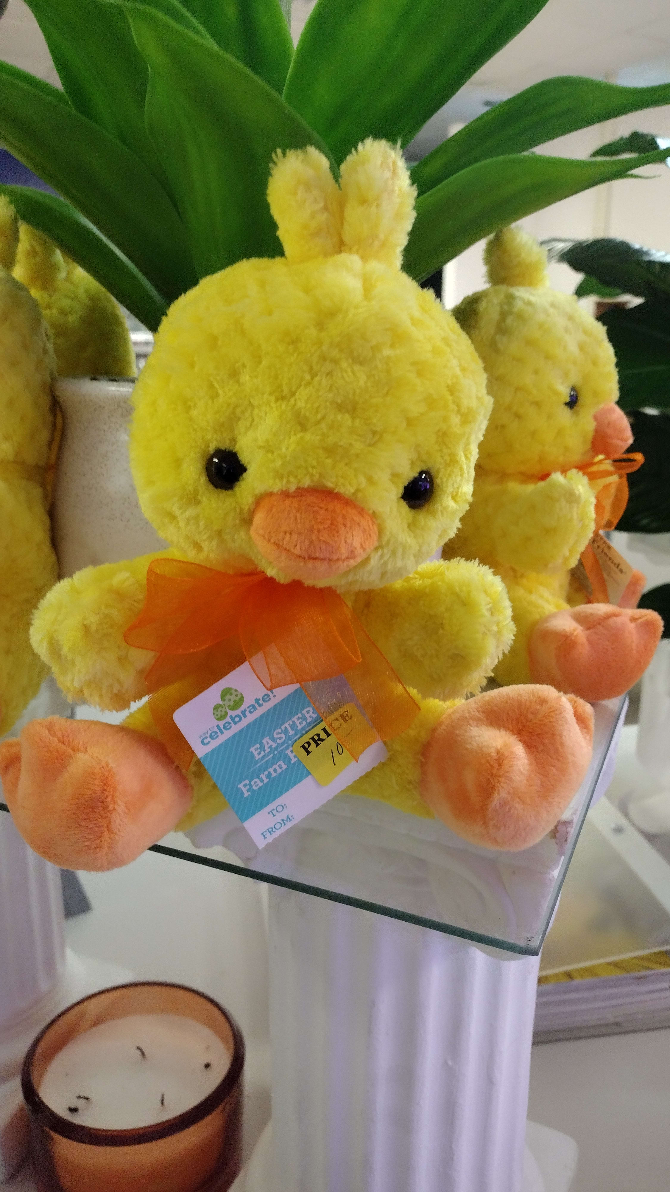 Yellow plush chick with orange beak and feet sitting on a glass shelf