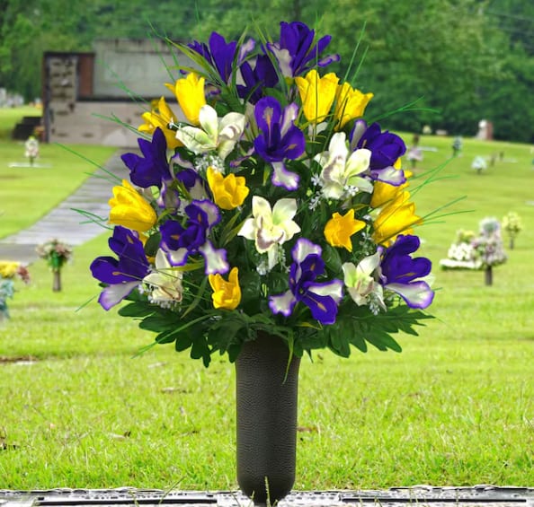 Yellow and Purple Cemetary Cone Bouquet  - Cemetary cone bouquet comes in yellow and purple silk roses for a beautiful grave site appearance
