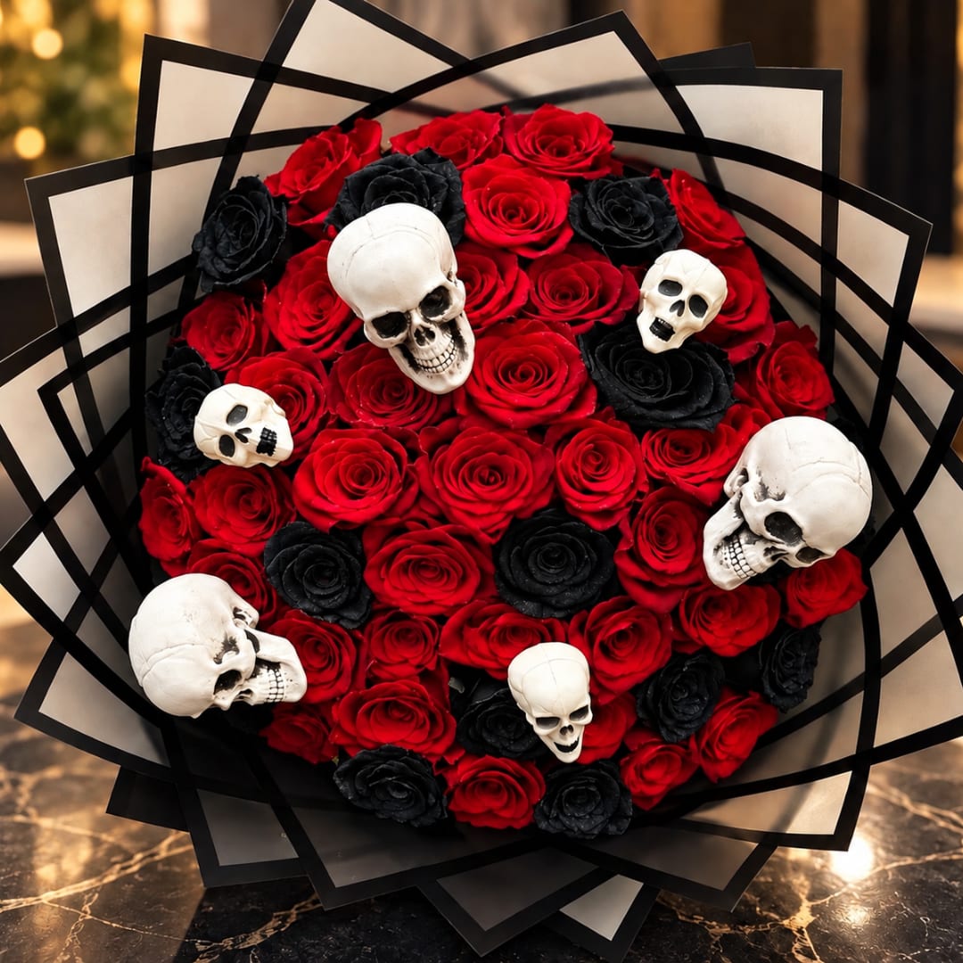 Bouquet of red and black roses with decorative skulls