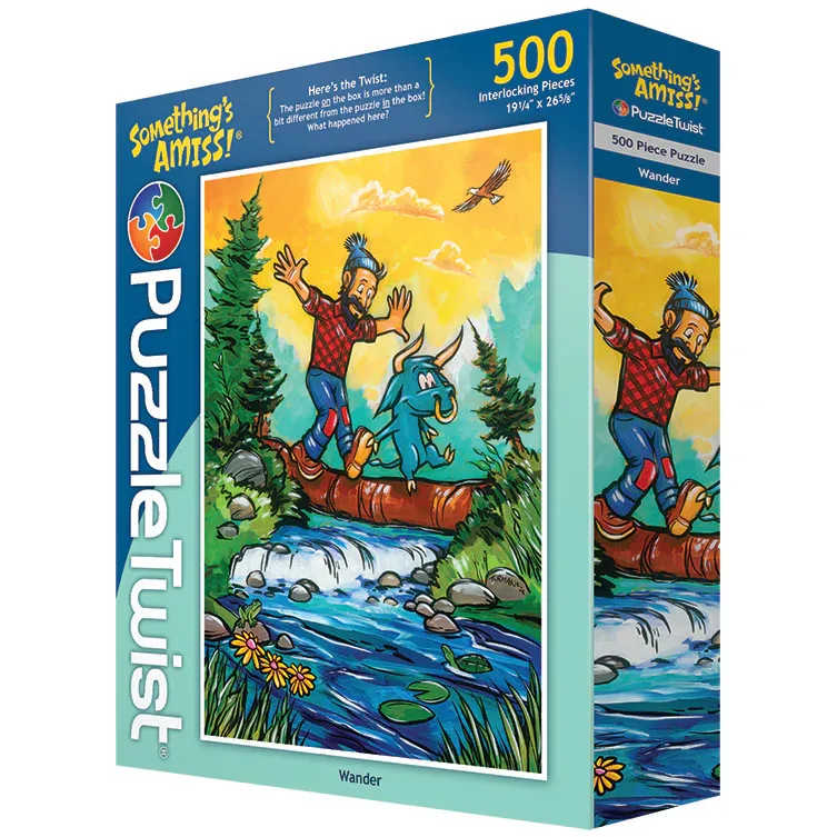 Box of a 500-piece Puzzle Twist puzzle with a cartoon hiker and bull