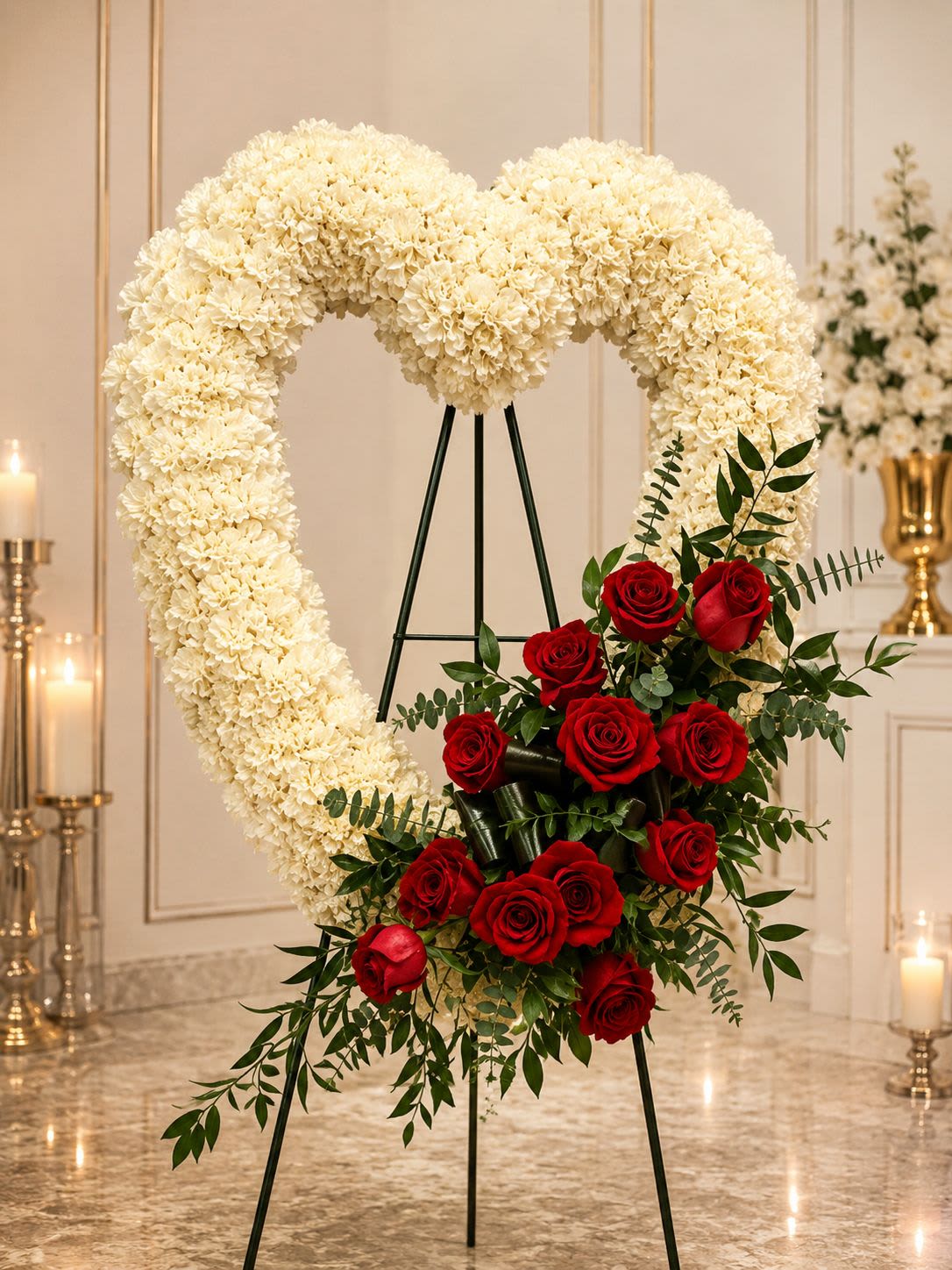  White Carnation Heart Wreath  - A heart-shaped wreath of densely packed white blooms makes a solemn, deeply respectful statement for sympathy and funeral services. This white carnation heart wreath places the arrangement type and occasion up front so the person you're honoring feels seen; a cluster of vivid red roses at the lower right adds a poignant focal point that reads as love and remembrance.  This wreath conveys affection and dignity-an appropriate choice whether remembering a longtime partner or paying respects to someone beloved. Dimensions and care are those typical of fresh-cut sympathy wreaths; please contact us if you need delivery timed for a service or prefer specific placement instructions.