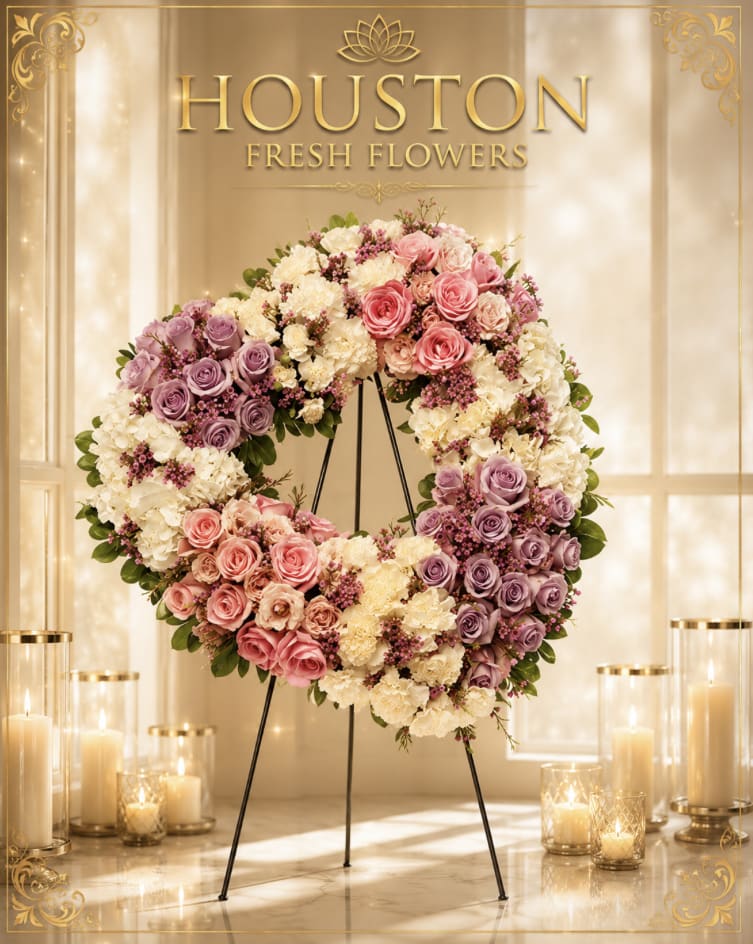 Heartfelt Memories Heart Wreath - A full circular wreath built in soft pinks and lavender makes a quietly beautiful statement for a sympathy or funeral service - the Heartfelt Memories Heart Wreath offers a classic memorial tribute that helps the person you're remembering feel honored and cherished. This funeral wreath places roses and hydrangeas center stage, creating a layered, romantic look that reads as both respectful and comfortingly elegant for a graveside or service display in the Houston area.  Order with confidence for a funeral or memorial service - we deliver throughout Houston and can coordinate timing to arrive for services. For best longevity, keep the wreath sheltered from direct sun and wind until placement; any substitutions will match the same pink, white, and purple tone and formal style.