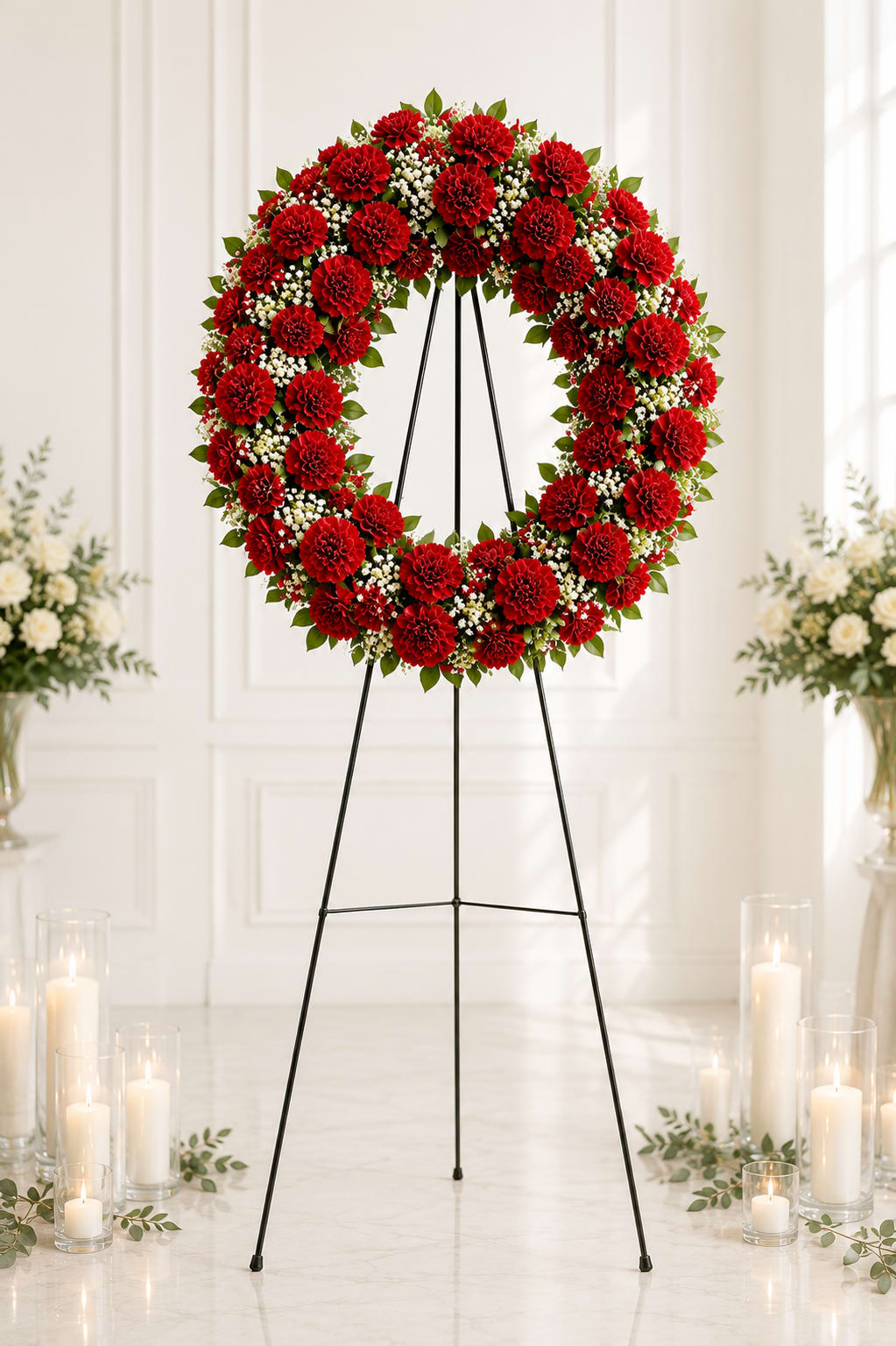 Red Carnation Wreath - A beautiful arrangement of classic red carnations complete with soft, delicate baby's breath blooms arranged with soft, lush foliage makes this a traditional wreath for an extraordinary loved one. 