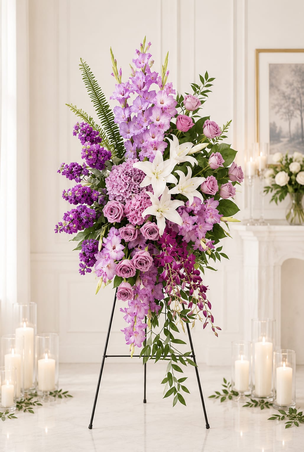 Purple Grace - This purple Wreath is often associated with reverence, peace, and eternal rest.  A wreath woven with shades of purple is a vision of quit elegance and spiritual depth. From the soft lavender tones that whisper serenity, to the deeper plum and violet hues that evoke dignity and remembrance, this arrangement speaks with gentle grace. 