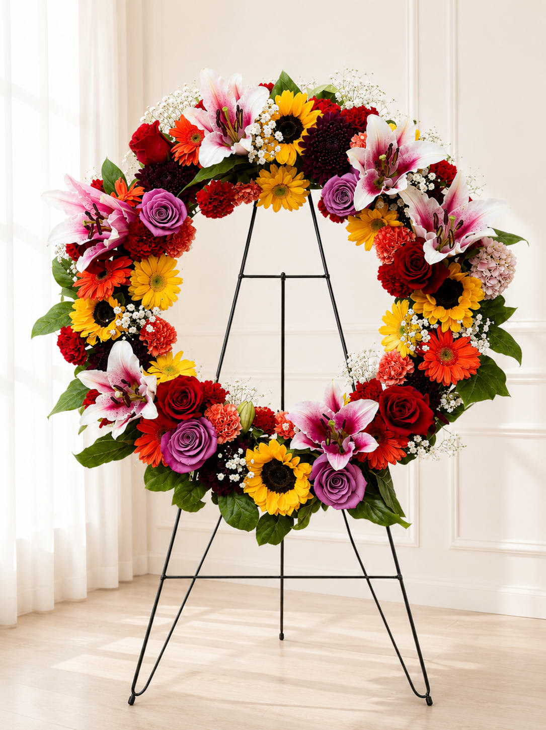 Large colorful floral wreath on a black easel stand