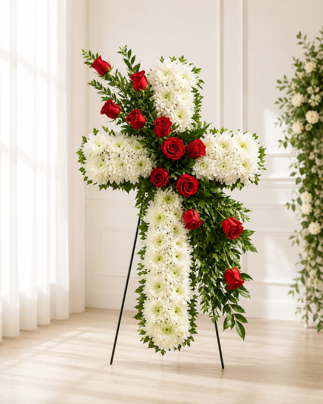 Standing floral cross with red roses and white chrysanthemums