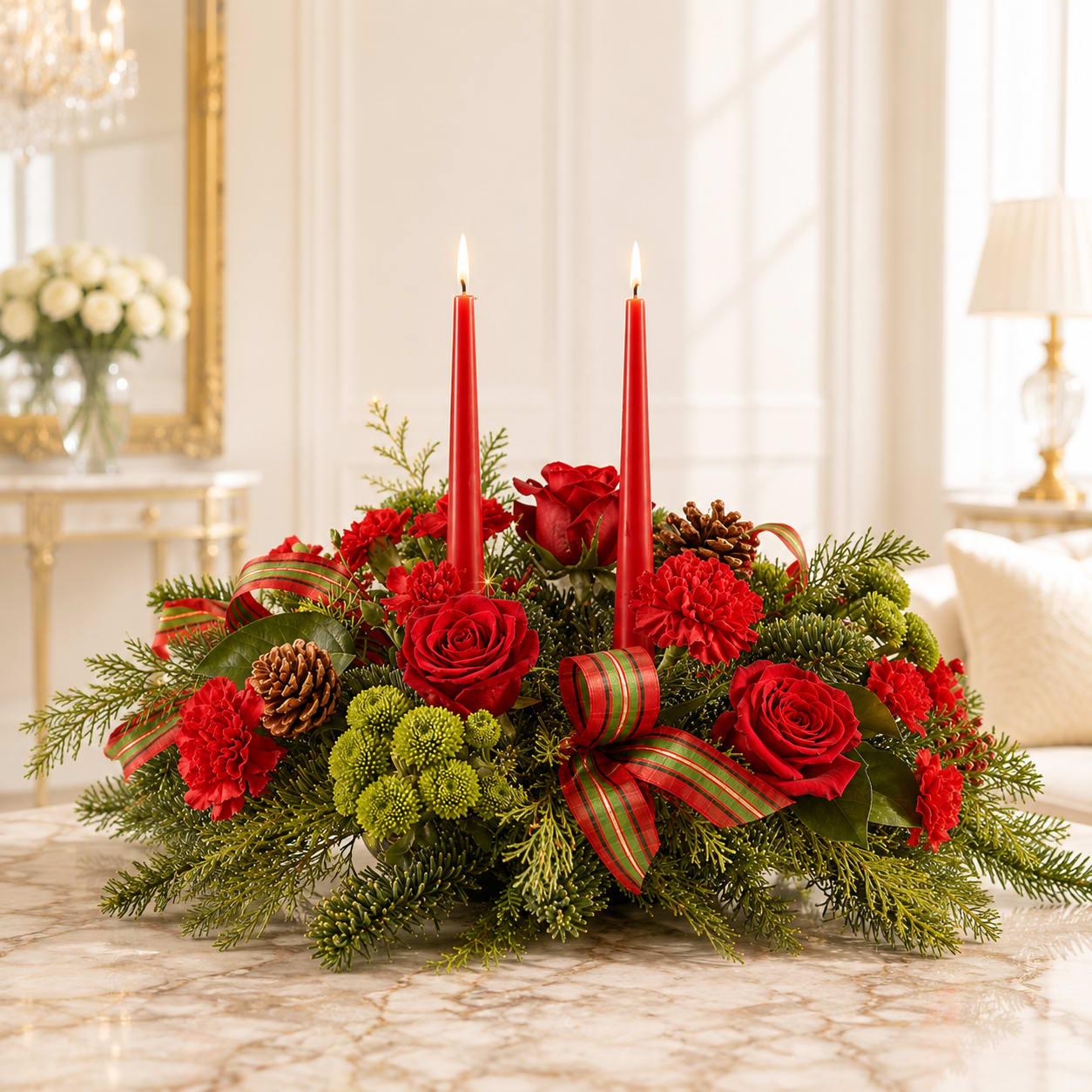 Red candle centerpiece with roses, carnations, pinecones, and ribbon