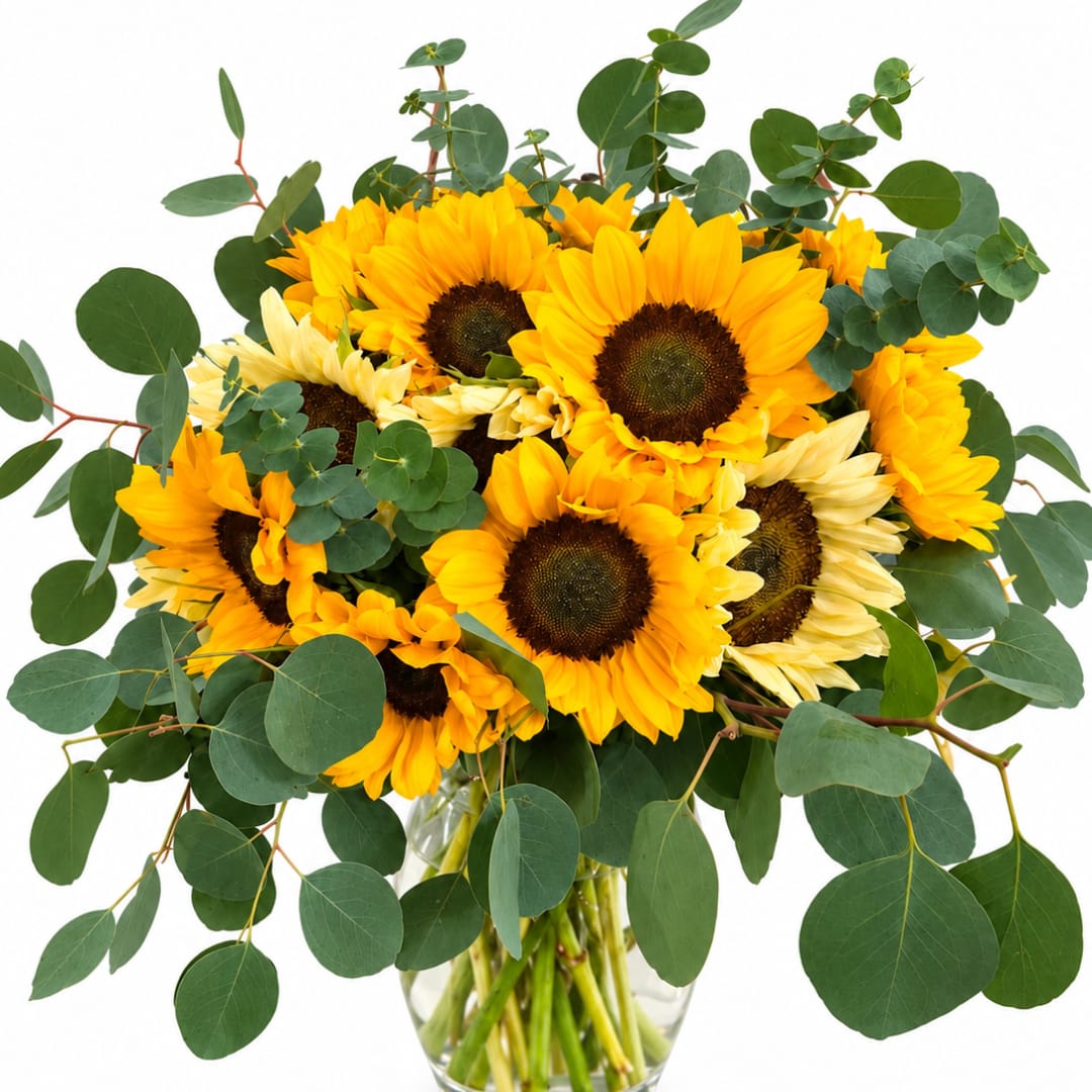 Bouquet of yellow sunflowers with eucalyptus in a clear glass vase