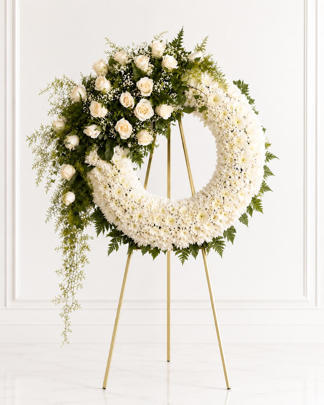 White floral wreath on a gold stand with roses and chrysanthemums