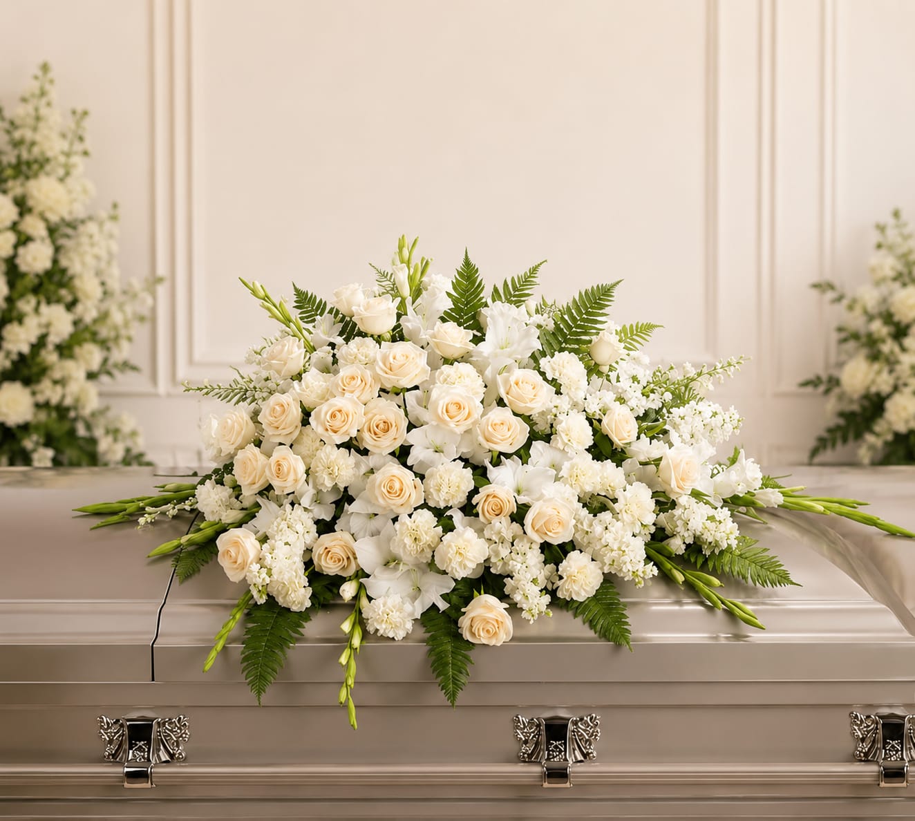 White and cream floral casket spray with roses and lilies