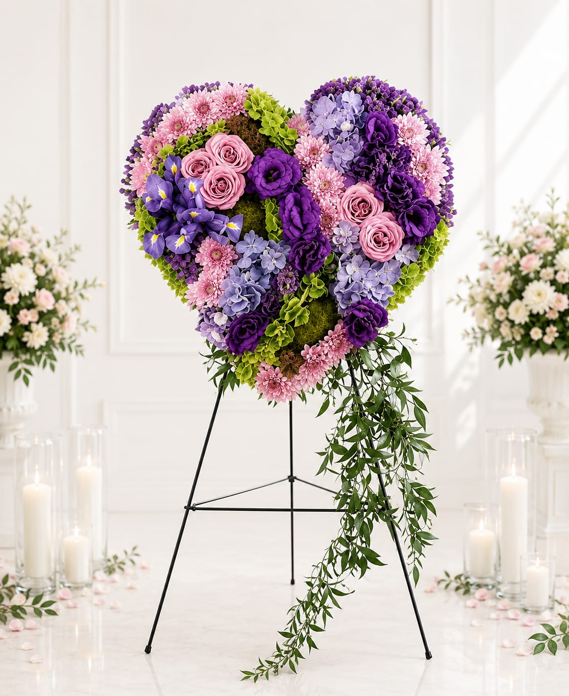 Heart-shaped floral arrangement in pink, purple, and lavender on a stand