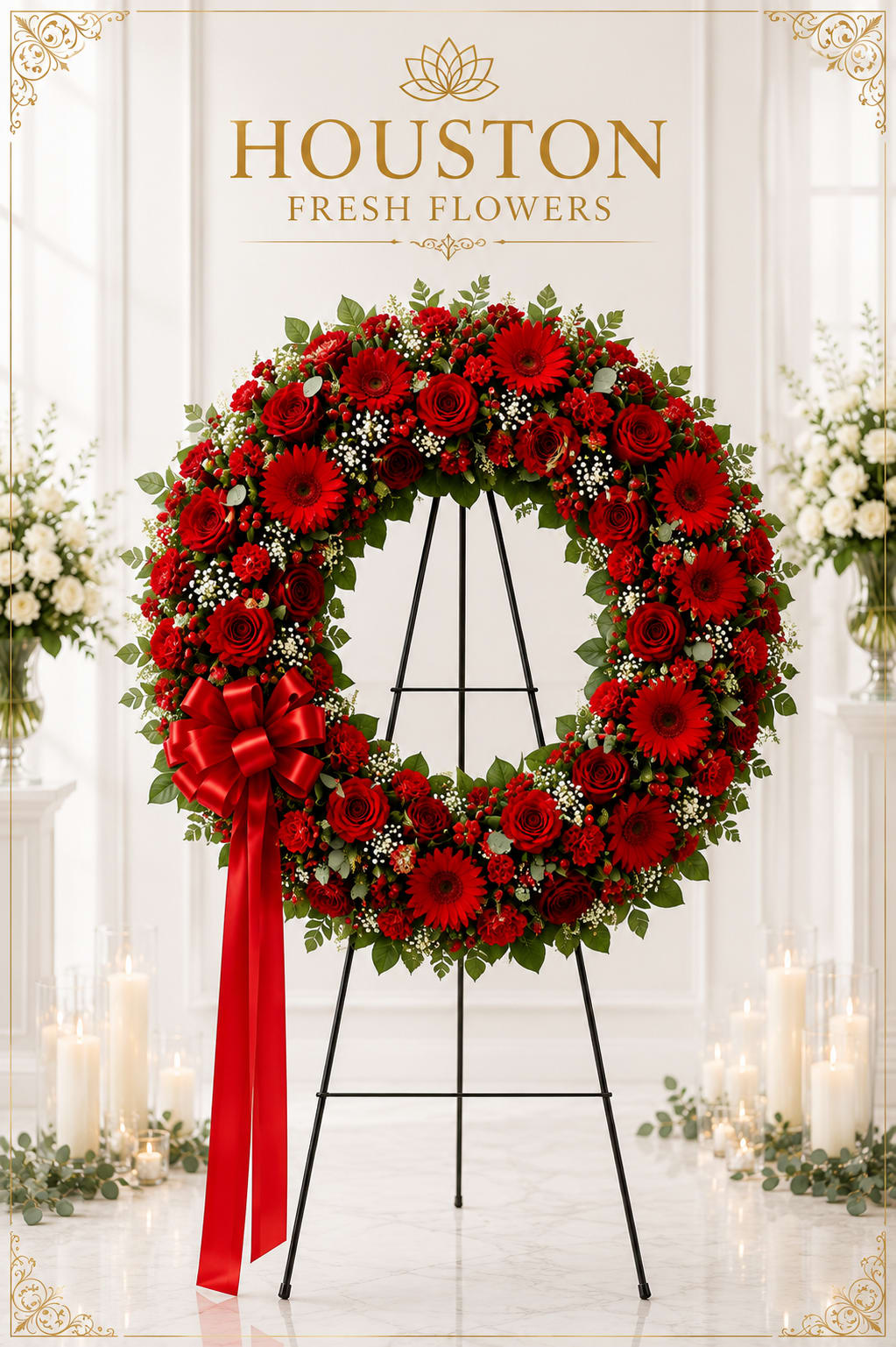 Red Sympathy Wreath - Our Red Sympathy Wreath is a special way to remember and honor a dearly departed. Vibrant red flowers are gathered to form the wreath to create a beautiful and loving presentation.