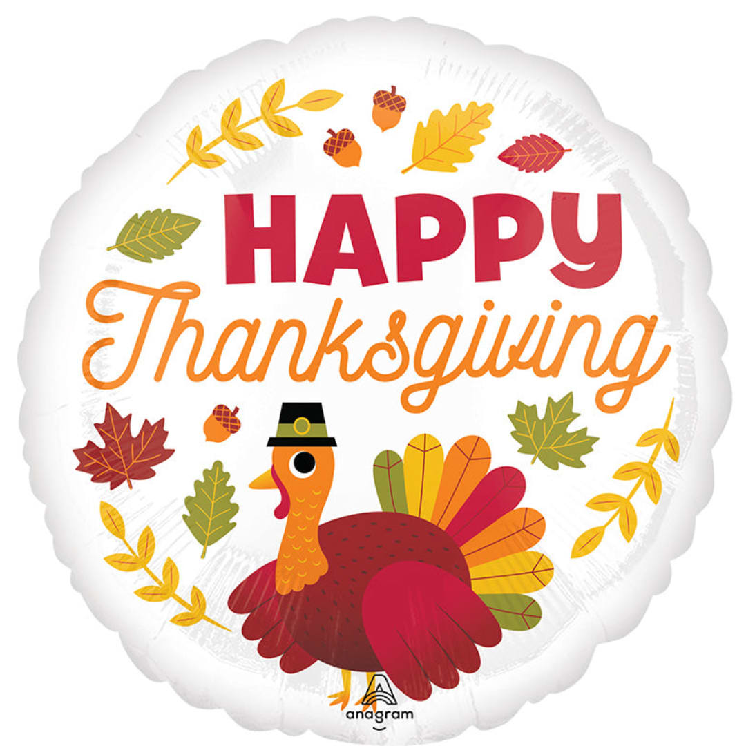 Round Thanksgiving balloon with a turkey and fall leaves