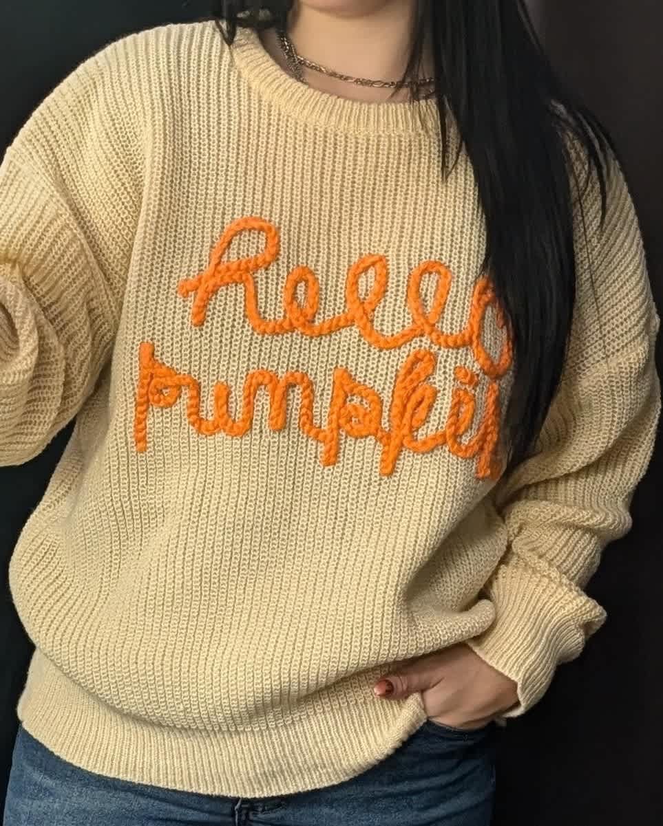 Hello Pumpkin Sweater CREAM - A super soft long sleeve sweater with Hello Pumpkin detailing. Made of 100% polyester and available in sizes M-L.