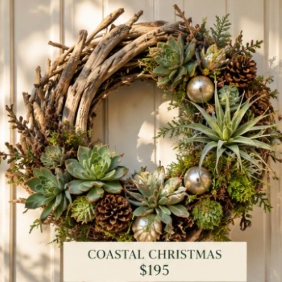 Succulent wreath with driftwood, pinecones, and silver ornaments