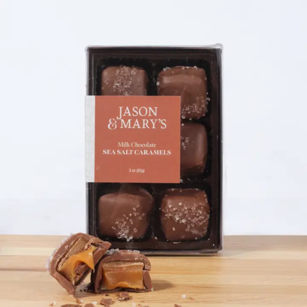 Box of milk chocolate sea salt caramels on a table