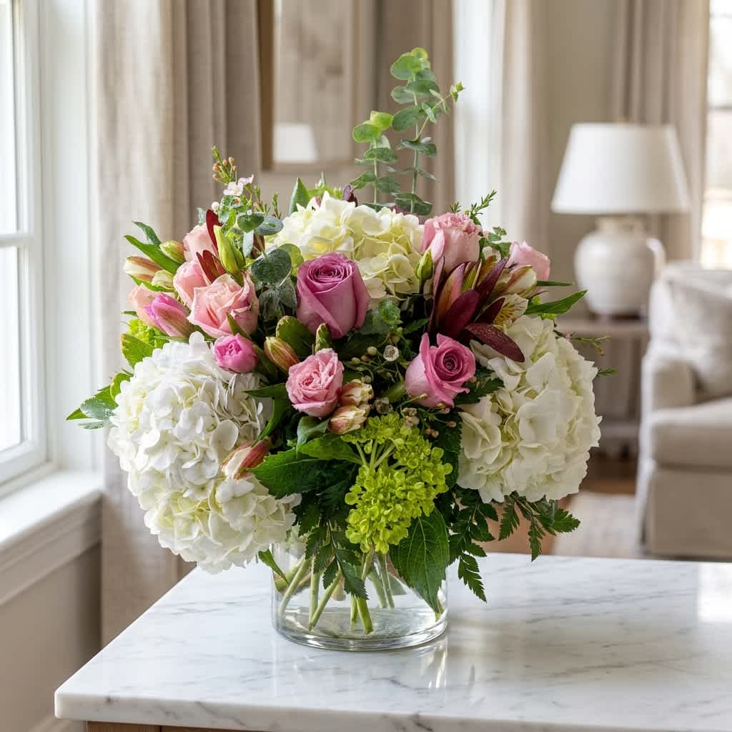 Floral Mosaic (BB) - Add a contemporary touch to your décor with our modern and colorful floral arrangement in a clear 6x6" glass cylinder vase. This stunning ensemble combines the softness of green and white hydrangea, waxflower, alstroemeria, the vibrancy of pink and lavender roses, and the delicate charm of gum thistle and more for a sophisticated and stylish look. Perfect for any occasion, this arrangement is sure to impress.