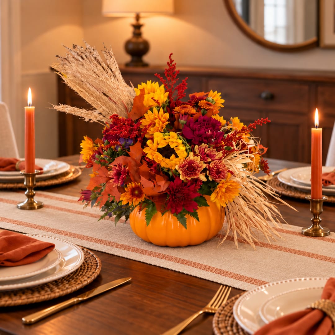 Fall floral arrangement in a pumpkin centerpiece with candles on a dining table