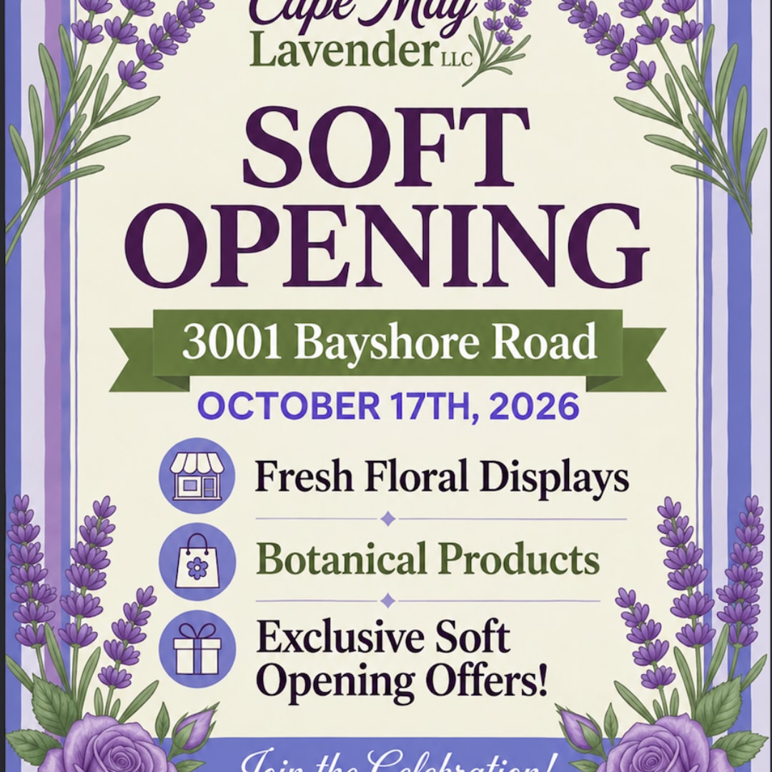 Lavender-themed soft opening poster with floral border and event text