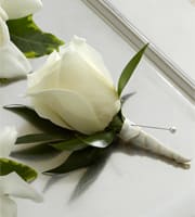 White rose boutonniere with wrapped stem and pearl pin on a white surface