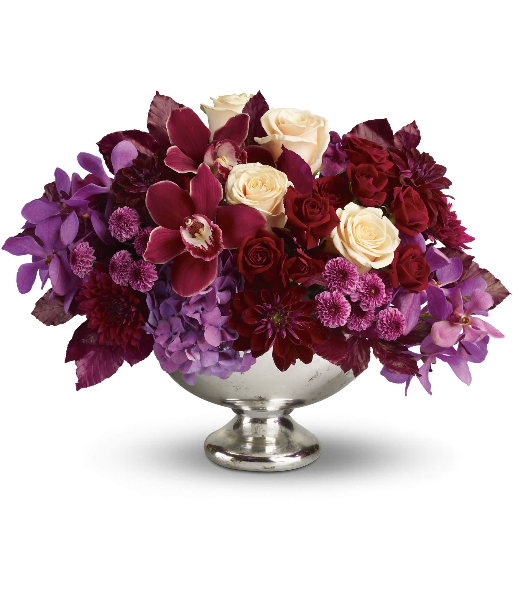  Lush and Lovely - Spectacular red cymbidium orchids, purple mokara orchids, lavender hydrangea, crÃ¨me roses, dark red spray roses, burgundy dahlias, purple and lavender chrysanthemums and burgundy copper beech arrive in an exclusive Mercury Glass Bowl. Approximately 18" W x 12 1/2" H. T172-1A