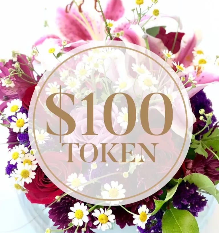 Mixed bouquet of pink, red, purple, and white flowers with a $100 token overlay