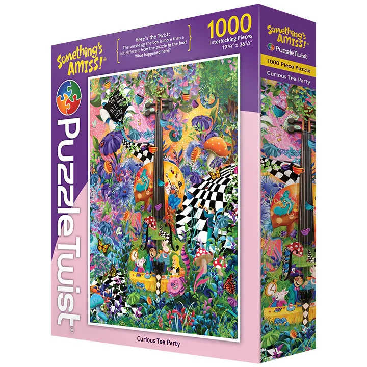 Purple puzzle box with a colorful fantasy tea party scene