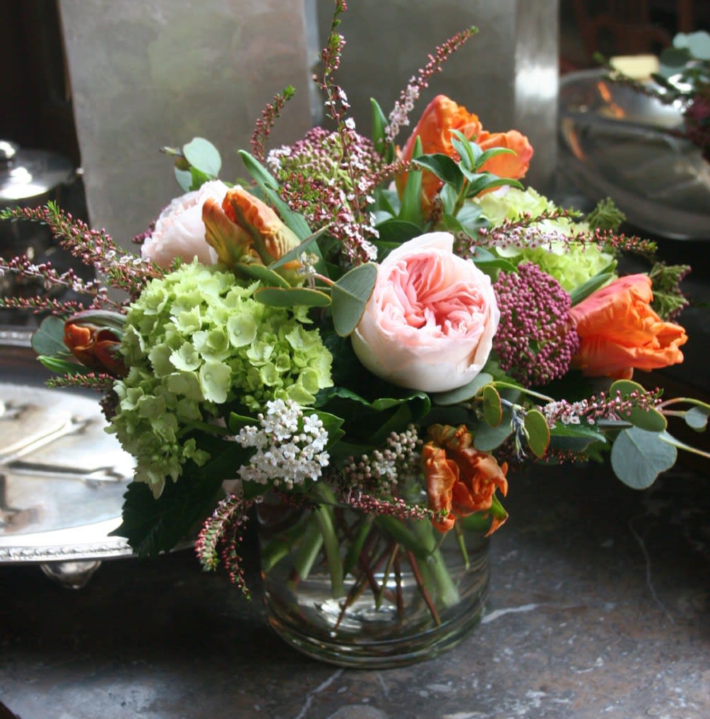 A lovely mix of garden favorites including garden roses, snapdragons, tulips, hydrangea