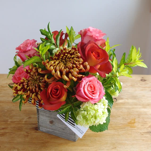 Coffee and coral roses blend with lush green hydrangea and lime accents