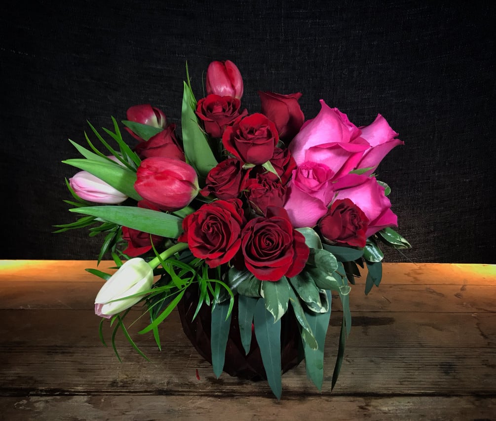 Rose and Romance - Red and pink roses blend with locally grown