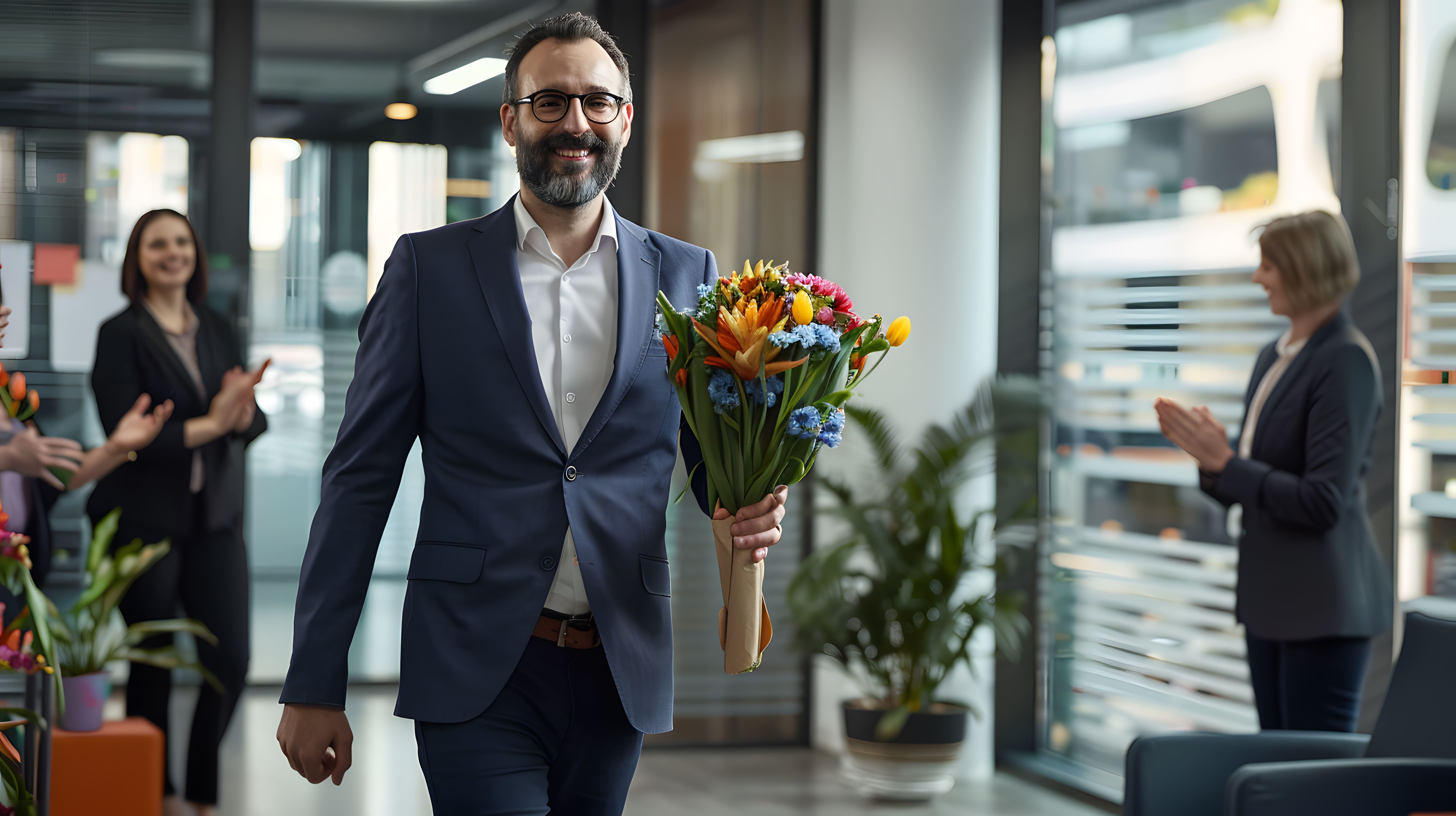 Employee presenting a colorful flower bouquet to celebrate Boss’s Day in a modern office.