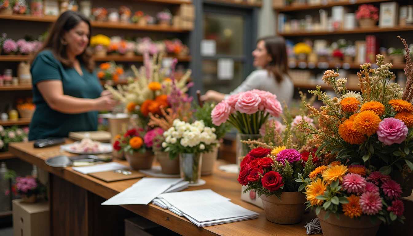 order volume of fall flower, in flower shop with rush time busy shop above image with so many customer